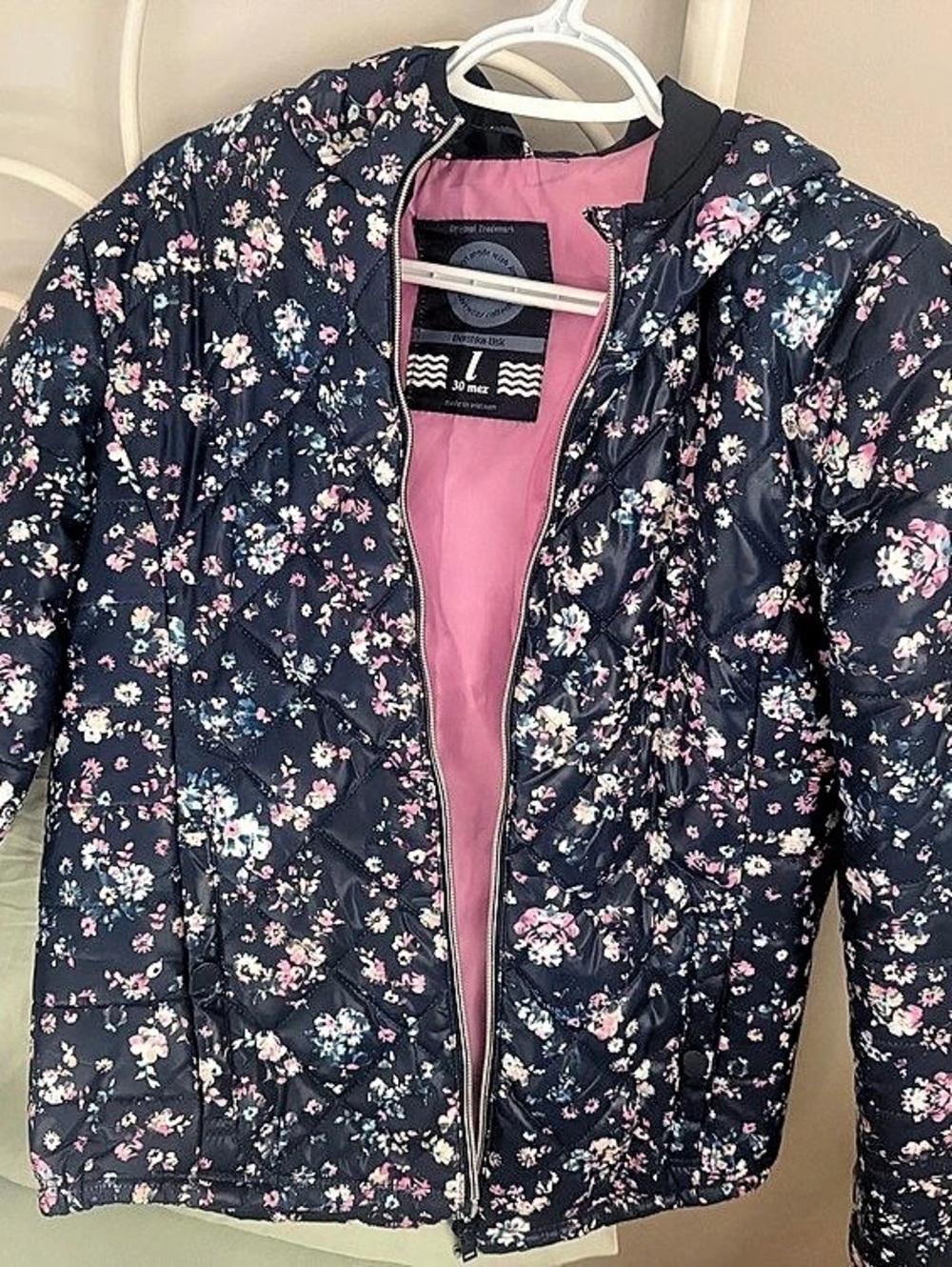 Bershka Floral Quilted Puffer Jacket in Blue & Pink